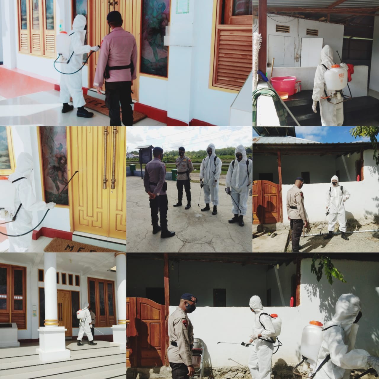 Personil Brimob di MBD Lakukan Penyemprotan Disinfektan